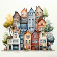 coloré aquarelle Maisons clipart sur blanc Contexte ai généré photo