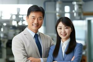 souriant affaires homme et femme avec bras franchi dans le Bureau ai généré photo