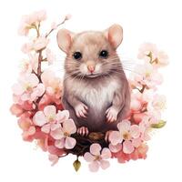 printemps Souris avec minimaliste fleurs sur blanc Contexte ai généré photo