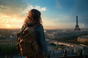 femme randonneur en voyageant dans Paris à le coucher du soleil ai généré photo