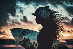 silhouette de une Jeune femme porter une planche de surf sur sa tête à le plage ai généré photo