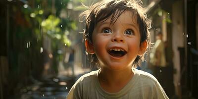 content enfant avec large yeux et une gros sourire ai généré photo