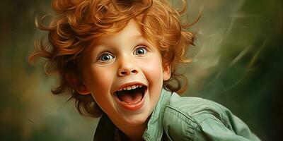 content enfant avec large yeux et une gros sourire ai généré photo