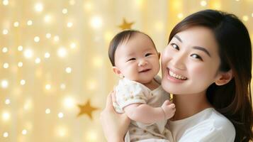 adorable nouveau née Japonais bébé étant tenue par mère ai généré photo
