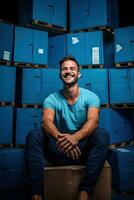 Beau Jeune homme séance sur une carton ai généré photo