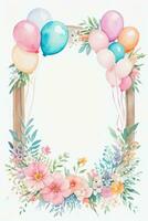 aquarelle mariage ou anniversaire salutations carte Contexte avec ballons et fleurs photo