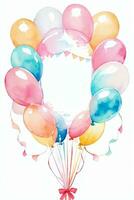 aquarelle mariage ou anniversaire salutations carte Contexte avec ballons et fleurs photo