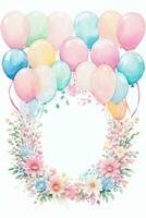 aquarelle mariage ou anniversaire salutations carte Contexte avec ballons et fleurs photo