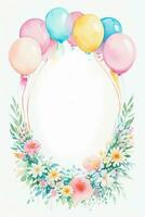 aquarelle mariage ou anniversaire salutations carte Contexte avec ballons et fleurs photo