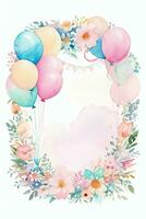 aquarelle mariage ou anniversaire salutations carte Contexte avec ballons et fleurs photo