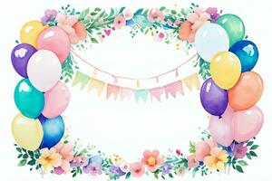 aquarelle mariage ou anniversaire salutations carte Contexte avec ballons et fleurs photo