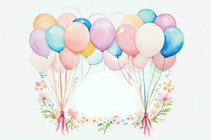 aquarelle mariage ou anniversaire salutations carte Contexte avec ballons et fleurs photo