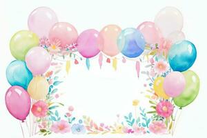 aquarelle mariage ou anniversaire salutations carte Contexte avec ballons et fleurs photo