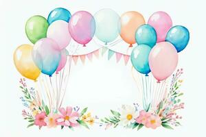 aquarelle mariage ou anniversaire salutations carte Contexte avec ballons et fleurs photo