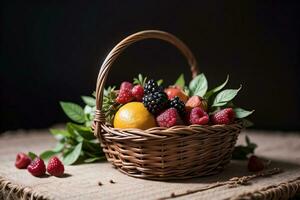 studio coup de le panier avec baies et des fruits sur le table photo