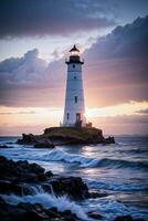 photo de le phare et orageux mer Contexte fond d'écran