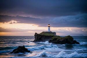 photo de le phare et orageux mer Contexte fond d'écran