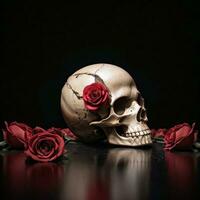 le crâne et des roses sur le noir Contexte photo