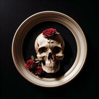 le crâne et des roses sur le noir Contexte photo