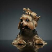 Yorkshire terrier sur le gris diplômé Contexte photo