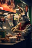 lapin lièvre travail dans café vite nourriture serveur profession réaliste humanisé la photographie souriant photo