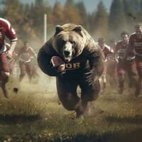 grisonnant ours en jouant le rugby américain Football fonctionnement avec Balle humanisé réaliste la photographie photo