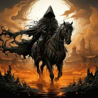 cheval cavalier moissonneuse décès Halloween illustration effrayant horreur conception tatouage vecteur fantaisie photo