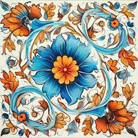 rétro ancien fleuri ornement tuile vitré mosaïque modèle floral bleu carré art livre illustration photo
