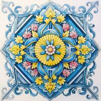 rétro ancien fleuri ornement tuile vitré Portugais mosaïque modèle floral bleu carré art photo