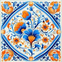 rétro ancien fleuri ornement tuile vitré Portugais mosaïque modèle floral bleu carré art photo