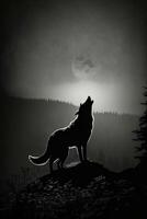 Loup seul gros lune seul studio silhouette photo noir blanc rétro-éclairé portrait mouvement contour tatouage