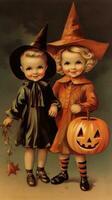 ancien rétro les enfants livre carte postale illustration Années 50 effrayant Halloween costume sourire sorcière photo