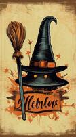 chapeau balai ancien rétro livre carte postale illustration Années 50 effrayant Halloween costume sourire sorcière photo