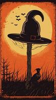 chapeau balai ancien rétro livre carte postale illustration Années 50 effrayant Halloween costume sourire sorcière photo