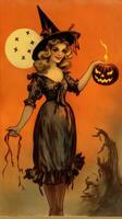 femme femelle sorcière ancien rétro livre carte postale illustration Années 50 effrayant Halloween costume sourire photo