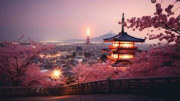 Japon Zen paysage panorama vue la photographie Sakura fleurs pagode paix silence la tour mur photo