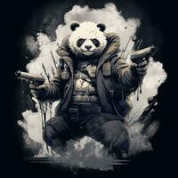 Panda pistolet fusil T-shirt conception maquette imprimable couverture tatouage isolé vecteur illustration ouvrages d'art photo