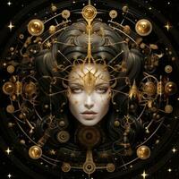 femme visage mystique cosmos boussole planète tarot carte constellation la navigation zodiaque illustration photo