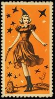 sorcière femme mignonne affranchissement timbre rétro ancien Années 30 halloweens citrouille illustration analyse affiche photo