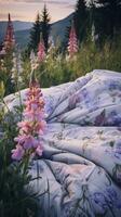 lit dans le champ relaxation oreiller couverture fleurs endroit rêver doux couverture photo chambre air Zen