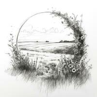 fleur champ craie crayon paysage esquisser griffonnage réaliste Facile affiche rond art main tiré photo