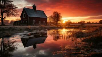 tomber ferme Lac le coucher du soleil paisible paysage liberté scène magnifique la nature fond d'écran photo