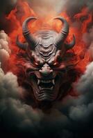 hannya masque Japonais théâtre brouillard nuage tatouage photo effrayant crier démoniaque mal monstre fumée