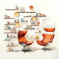 bibliothèque rétro futuriste meubles esquisser illustration main dessin référence designer idée photo
