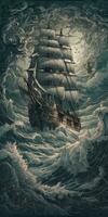 navire mer vague épique foncé fantaisie illustration art effrayant détaillé affiche pétrole La peinture apocalypse photo