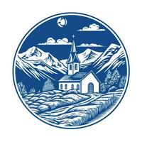 maison moulin badge emblème logo vecteur plat étiquette icône silhouette bleu montagnes clipart photo