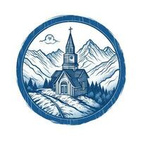 maison moulin badge emblème logo vecteur plat étiquette icône silhouette bleu montagnes clipart photo