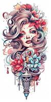 tatouage conception femme fille fleurs rétro style illustration clipart affiche esquisser charme graphique photo