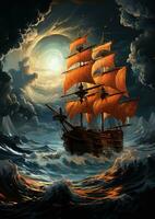 mer orage navire lune rêveur fantaisie mystère tarot illustration art tatouage affiche carte nuit photo
