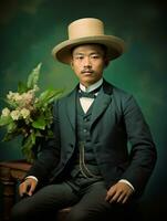 asiatique homme de le de bonne heure années 1900 coloré vieux photo ai génératif